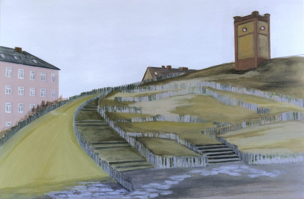 Petra Trenkel: Wasserturm, 2000, Öl auf Nessel, 60 × 90 cm